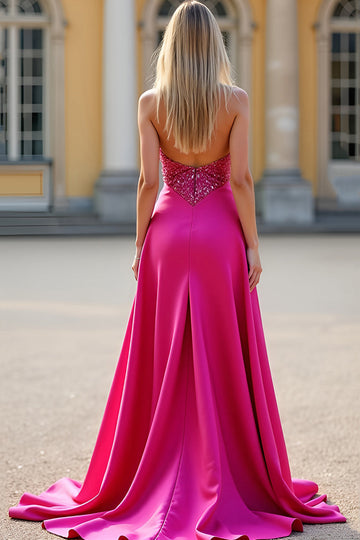 Fuchsia A Line Strapless Sequin Corset Prom Dress